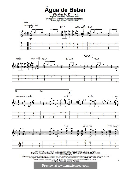 Agua de Beber (Water To Drink): For guitar with tab by Antonio Carlos Jobim