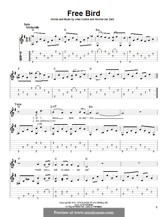 Free Bird (Lynyrd Skynyrd): For guitar by Allen Collins, Ronnie Van Zant