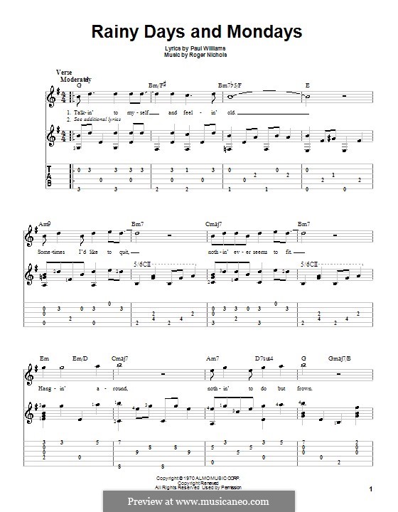 Rainy Days and Mondays (Carpenters): For guitar with tab by Paul H. Williams, Roger Nichols