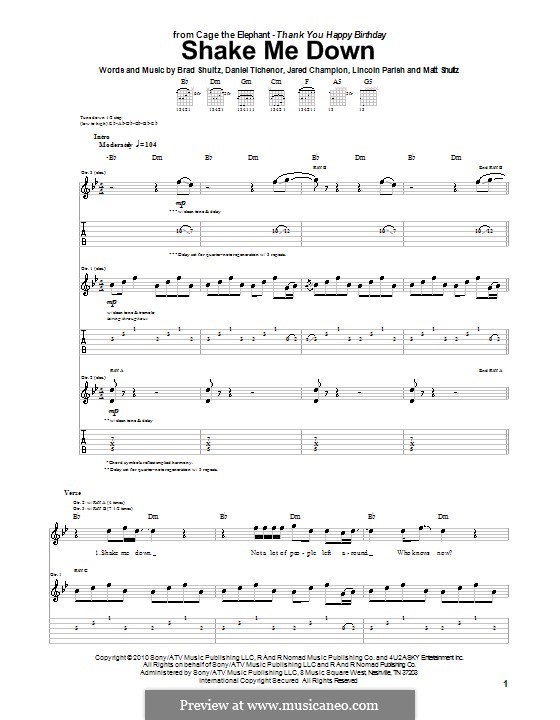 Shake Me Down (Cage the Elephant): For guitar with tab by Brad Shultz, Daniel Tichenor, Jared Champion, Lincoln Parish, Matt Shultz