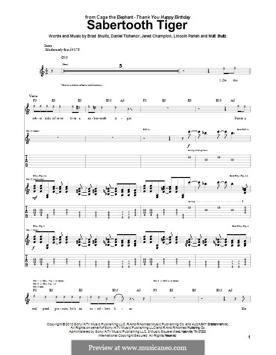 Sabertooth Tiger (Cage the Elephant): For guitar with tab by Brad Shultz, Daniel Tichenor, Jared Champion, Lincoln Parish, Matt Shultz