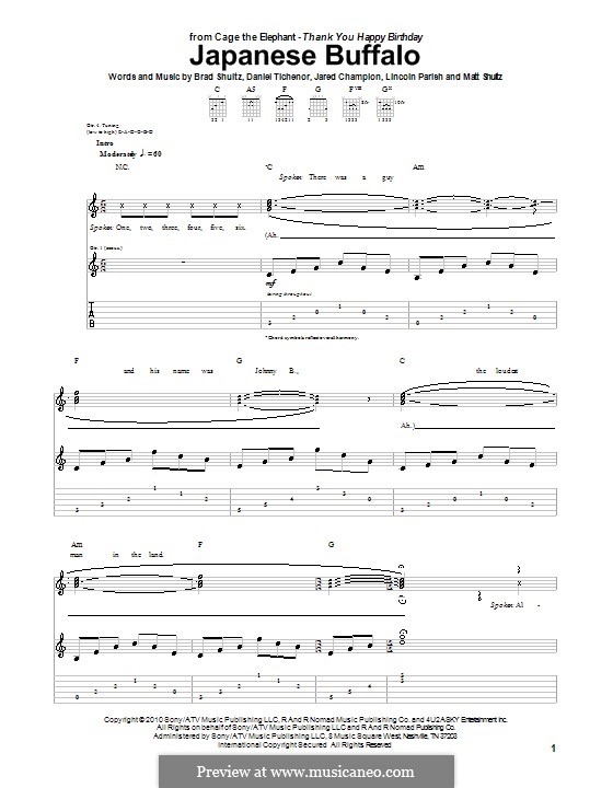 Japanese Buffalo (Cage the Elephant): For guitar with tab by Brad Shultz, Daniel Tichenor, Jared Champion, Lincoln Parish, Matt Shultz