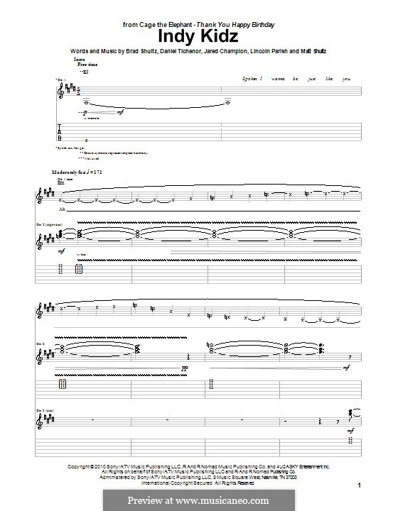 Indy Kidz (Cage the Elephant): For guitar with tab by Brad Shultz, Daniel Tichenor, Jared Champion, Lincoln Parish, Matt Shultz