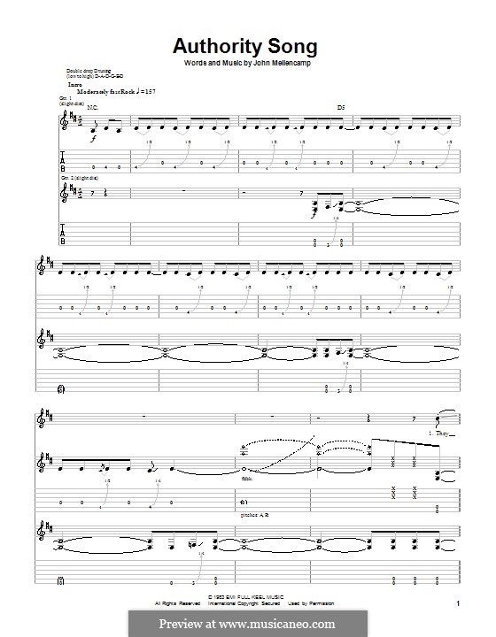 Authority Song: For guitar with tabulature by John Mellencamp