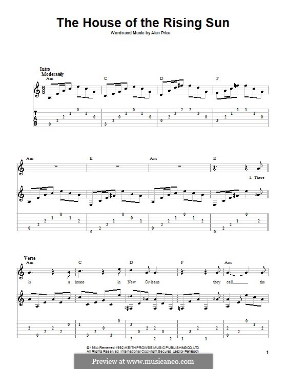 The House of the Rising Sun by A. Price sheet music on MusicaNeo