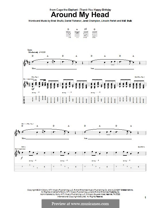 Around My Head (Cage the Elephant): For guitar with tab by Brad Shultz, Daniel Tichenor, Jared Champion, Lincoln Parish, Matt Shultz