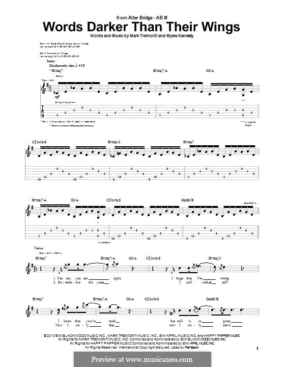 Words Darker Than Their Wings (Alter Bridge): For guitar with tab by Mark Tremonti, Myles Kennedy