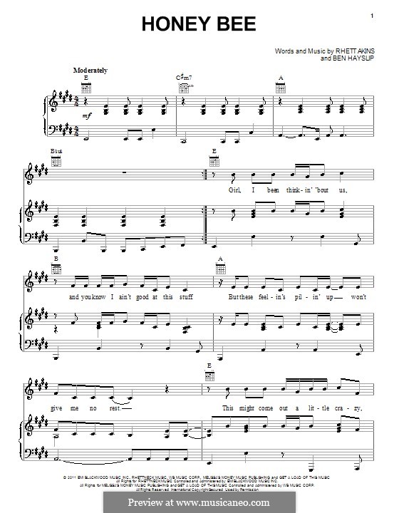 Honey Bee (Blake Shelton): For voice and piano (or guitar) by Ben Hayslip, Rhett Akins