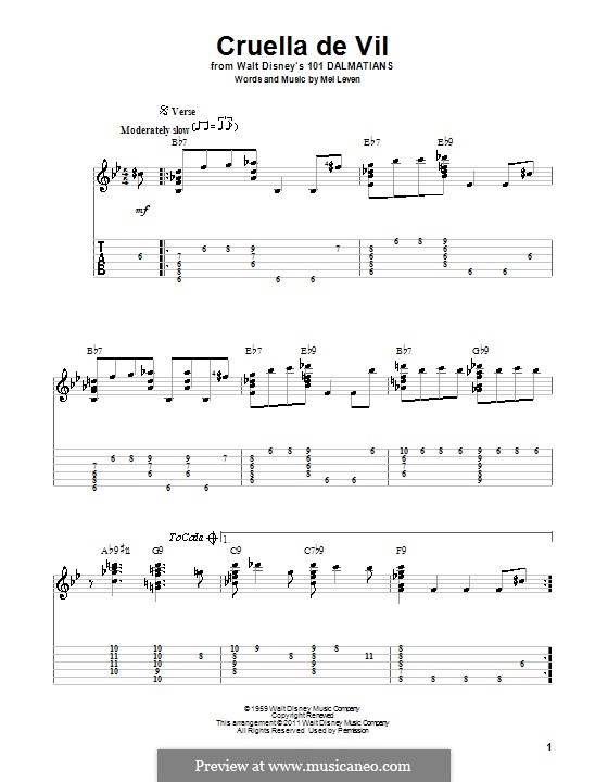 Cruella de Vil (from 101 Dalmatians): For guitar with tab by Mel Leven