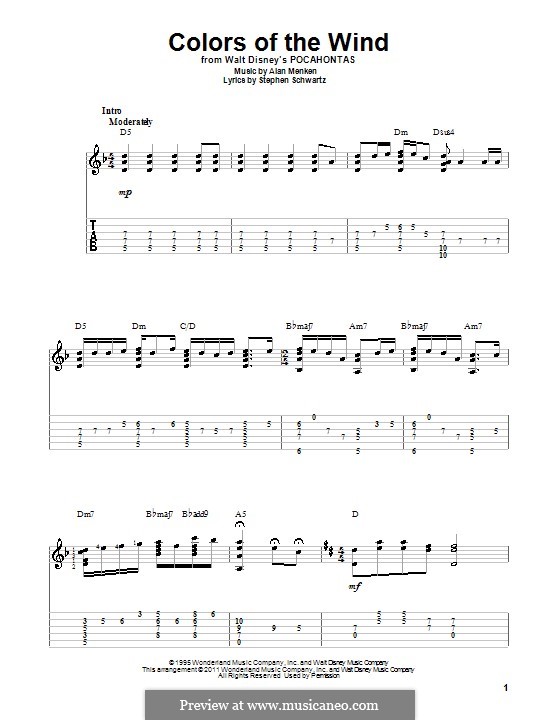 Colors of the Wind (from Pocahontas): For guitar with tab by Alan Menken