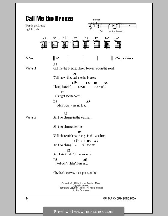 Call Me the Breeze (Lynyrd Skynyrd): Lyrics and chords by John Cale