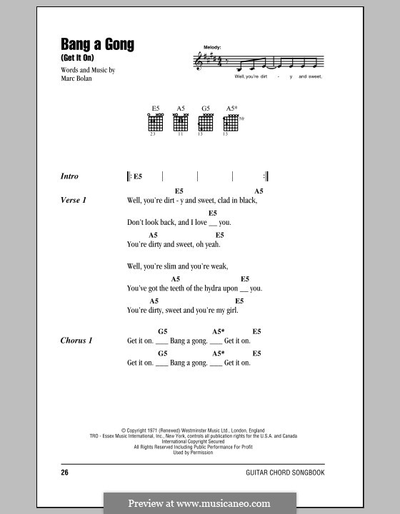 Bang A Gong (Get It On): Lyrics and chords by Marc Bolan