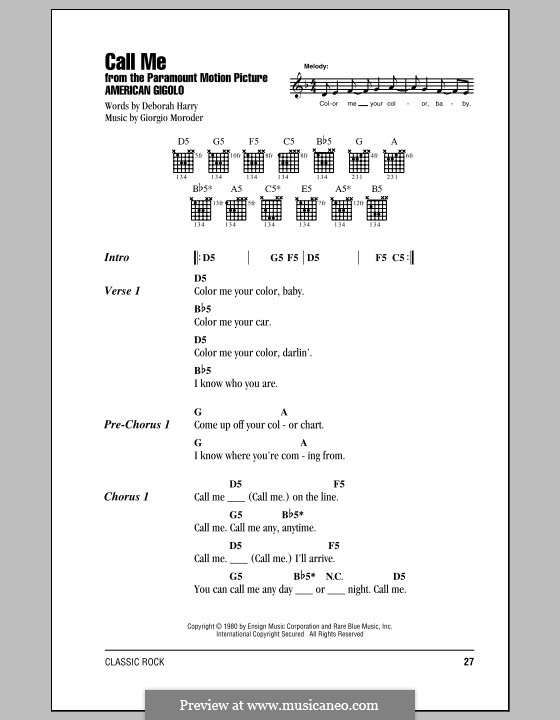 Call Me (Blondie): Lyrics and chords by Deborah Harry, Giorgio Moroder