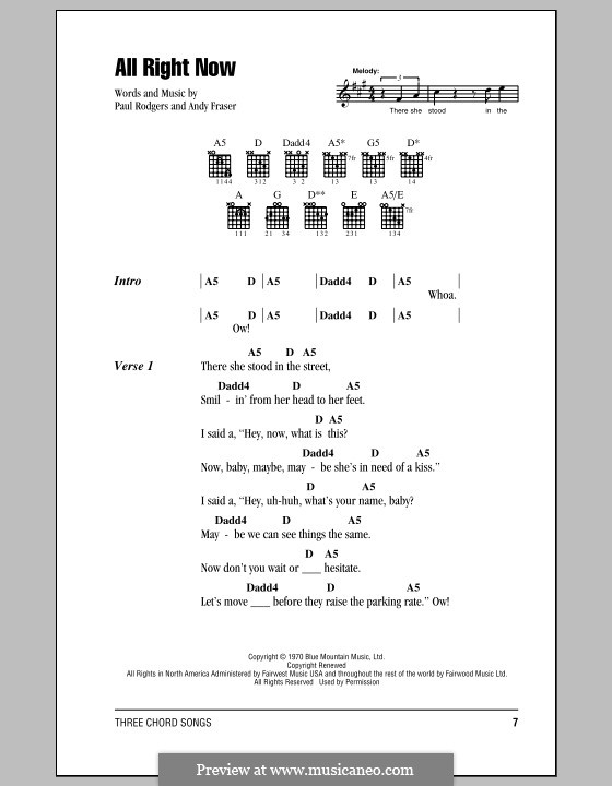 All Right Now (Free): Lyrics and chords by Andy Fraser, Paul Rodgers