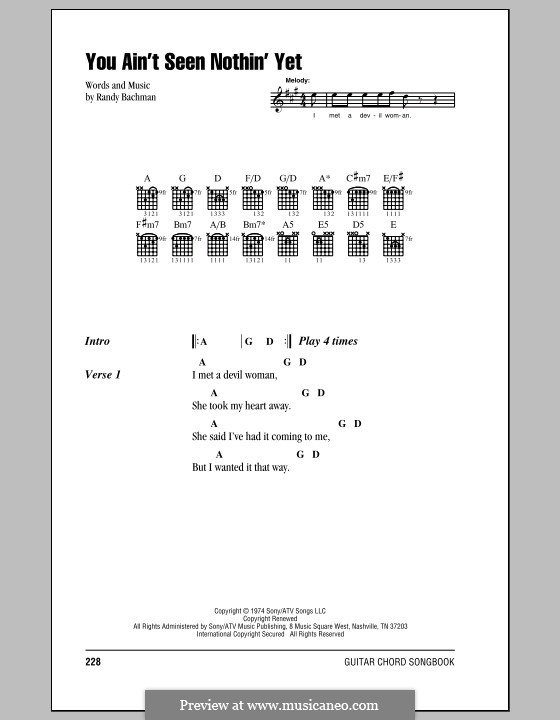 You Ain't Seen Nothin' Yet (Bachman-Turner Overdrive): Lyrics and chords by Randy Bachman