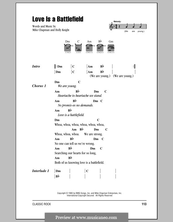 Love Is a Battlefield (Pat Benatar): Lyrics and chords by Holly Knight, Mike Chapman