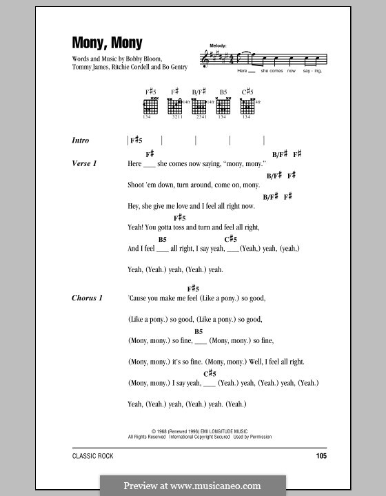 Mony, Mony (Tommy James and The Shondells): Lyrics and chords by Bobbie Gentry, Bobby Bloom, Ritchie Cordell, Tommy Lee James