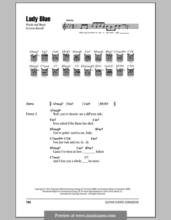 Lady Blue: Lyrics and chords by Leon Russell.