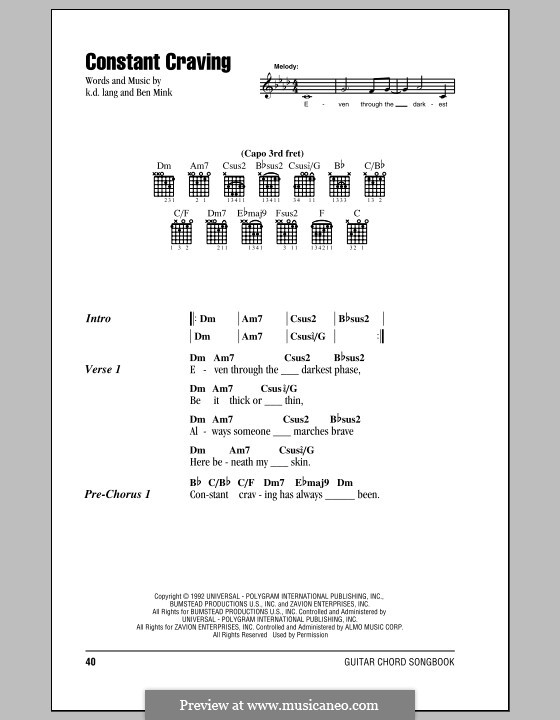 Constant Craving: Lyrics and chords by Ben Mink, k.d. lang