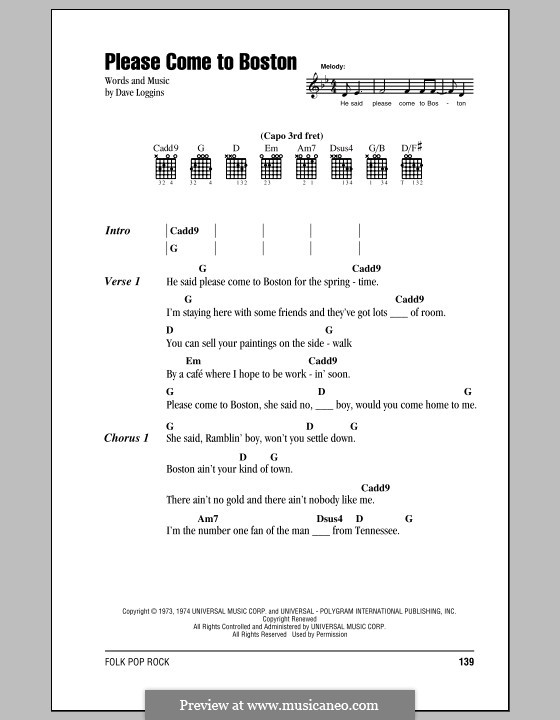 Please Come To Boston: Lyrics and chords by Dave Loggins