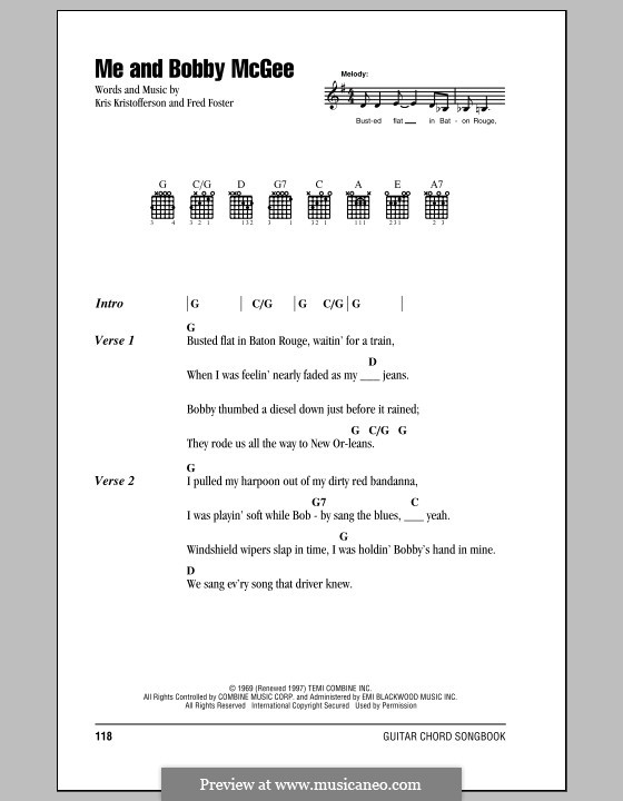 Me and Bobby McGee (Janis Joplin): Lyrics and chords by Fred Foster, Kris Kristofferson