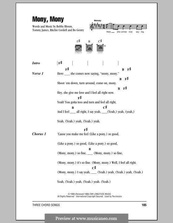 Mony, Mony (Tommy James and The Shondells): Lyrics and chords by Bobbie Gentry, Bobby Bloom, Ritchie Cordell, Tommy Lee James