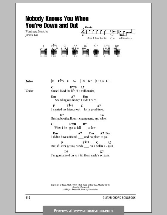 Nobody Knows You When You're Down and Out: Lyrics and chords by Jimmie Cox