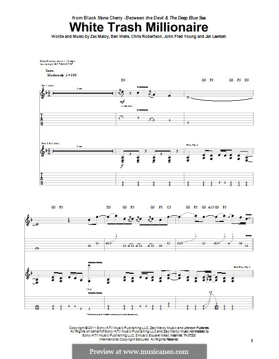 White Trash Millionaire (Black Stone Cherry): For guitar with tab by Ben Wells, Chris Robertson, John Fred Young, Jon Lawhorn, Zac Maloy