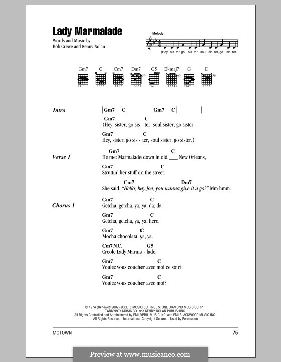 Lady Marmalade: Lyrics and chords (Patti LaBelle) by Bob Crewe, Kenny Nolan