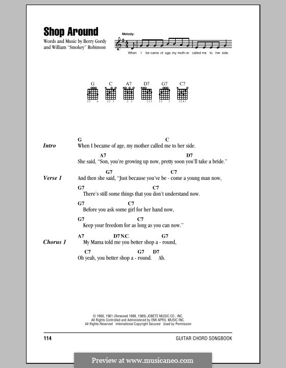 Shop Around: Lyrics and chords by Berry Gordy, Smokey Robinson