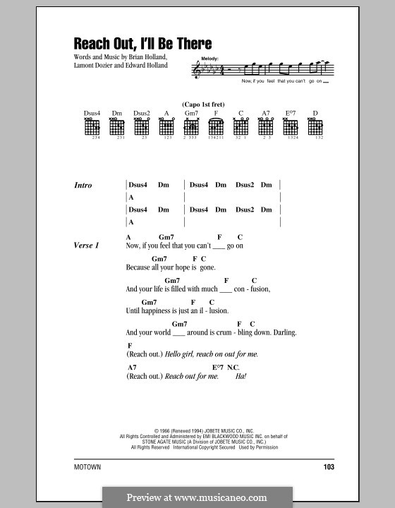 Reach Out, I'll Be There (The Four Tops): Lyrics and chords by Brian Holland, Edward Holland Jr., Lamont Dozier