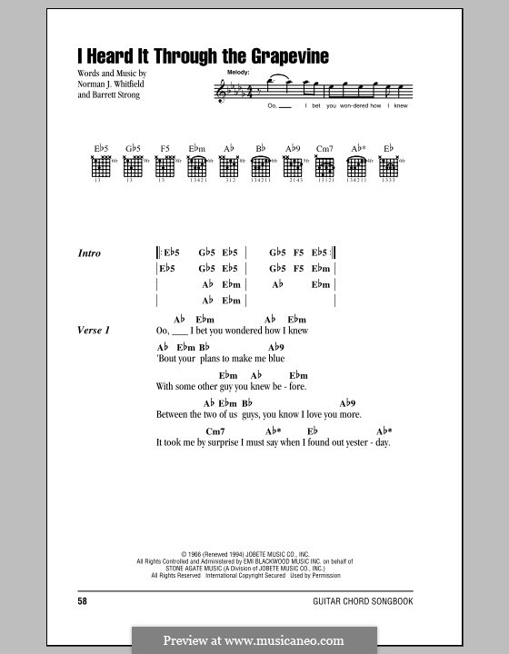 I Heard it Through the Grapevine: Lyrics and chords (Marvin Gaye) by Barrett Strong, Norman J. Whitfield