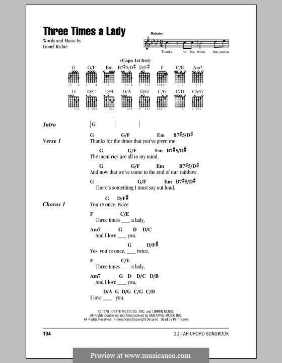 Three Times a Lady: Lyrics and chords by Lionel Richie