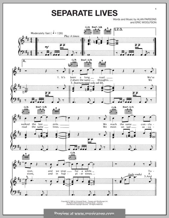 Separate Lives (Alan Parsons Project): For voice and piano (or guitar) by Alan Parsons, Eric Woolfson