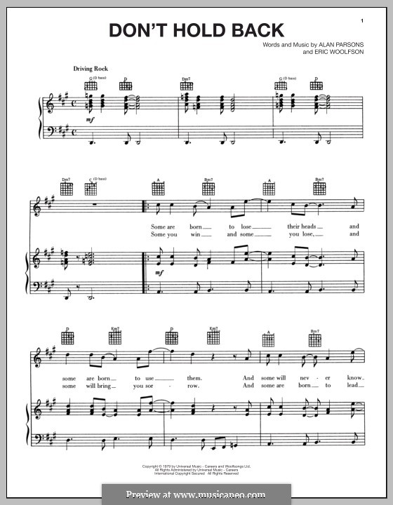 Don't Hold Back (Alan Parsons Project): For voice and piano (or guitar) by Alan Parsons, Eric Woolfson