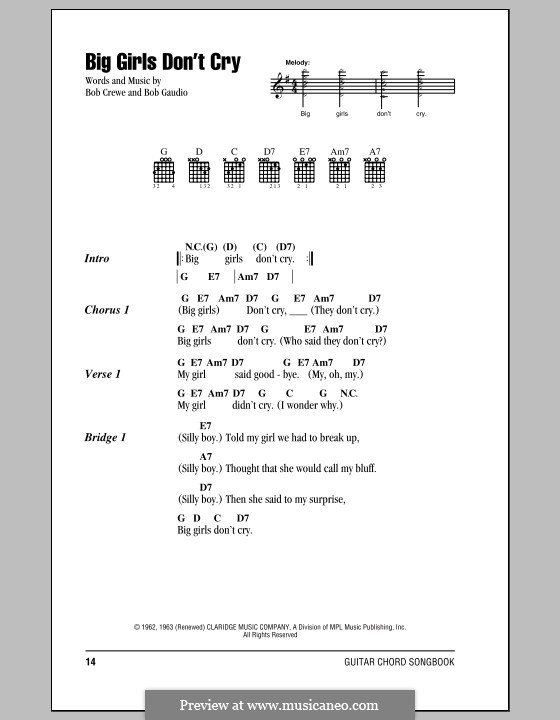 Big Girls Don't Cry (Frankie Valli and The Four Seasons): Lyrics and chords by Bob Crewe, Bob Gaudio