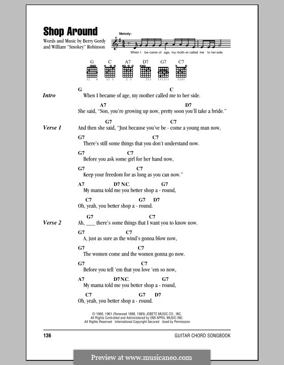 Shop Around: Lyrics and chords by Berry Gordy, Smokey Robinson