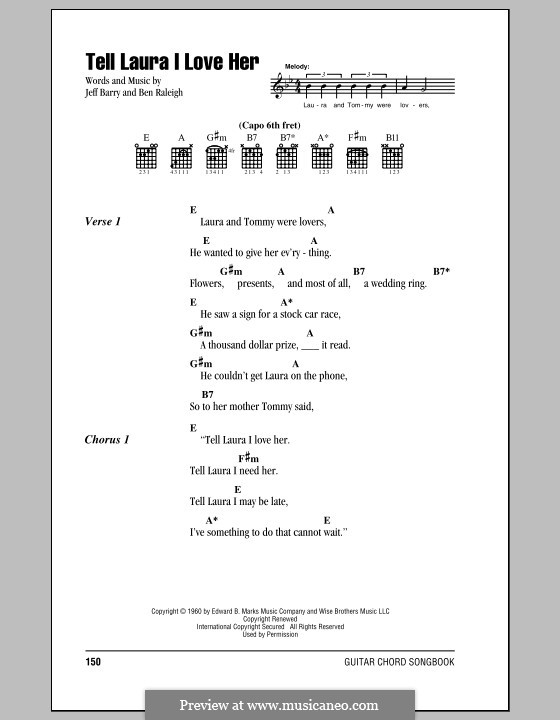 Tell Laura I Love Her (Ray Peterson): Lyrics and chords by Ben Raleigh, Jeff Barry