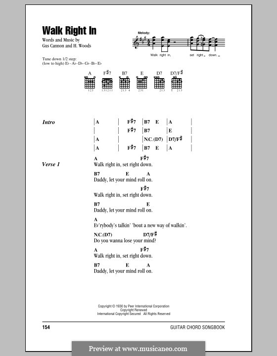 Walk Right in (The Rooftop Singers): Lyrics and chords by Gus Cannon, Harry Woods