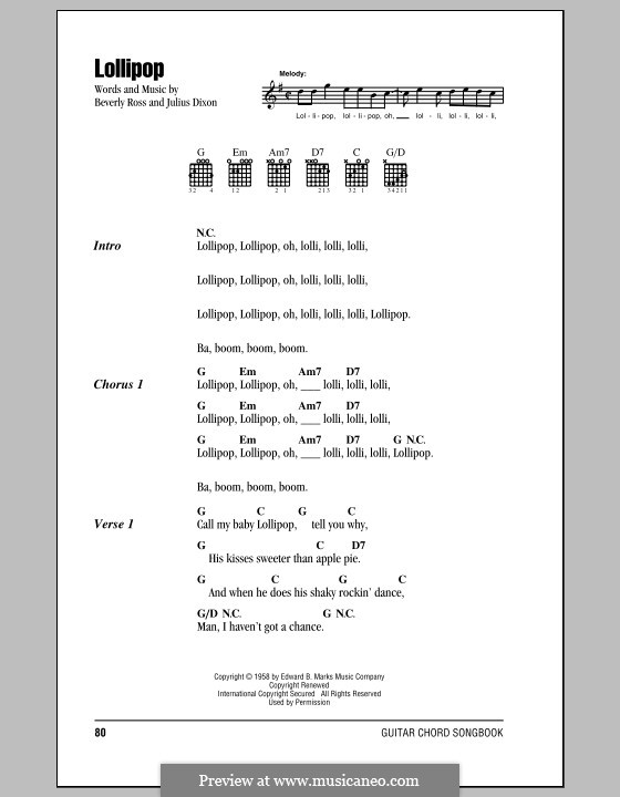 Lollipop (The Chordettes): Lyrics and chords by Beverly Ross, Julius Dixon