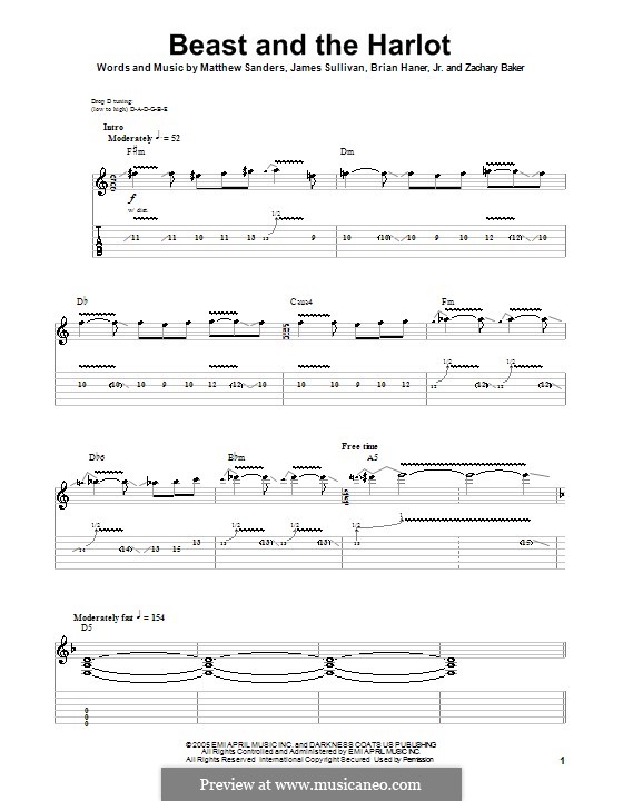 Beast and the Harlot (Avenged Sevenfold): For guitar with tab by Brian Haner Jr., James Sullivan, Matthew Sanders, Zachary Baker