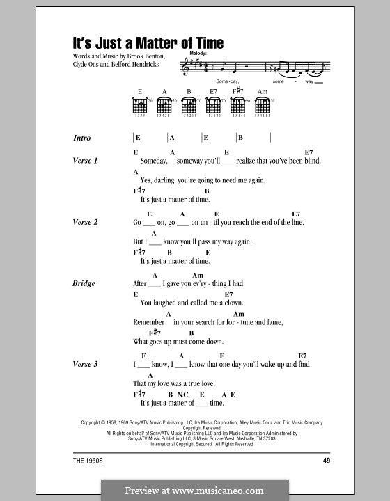 It's Just a Matter of Time (Brook Benton): Lyrics and chords by Belford Hendricks, Clyde Otis