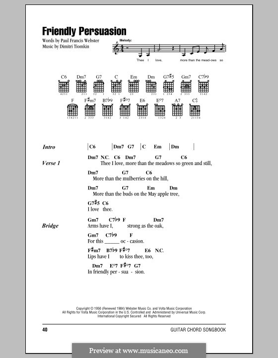 Friendly Persuasion (Pat Boone): Lyrics and chords by Dimitri Tiomkin, Paul Francis Webster