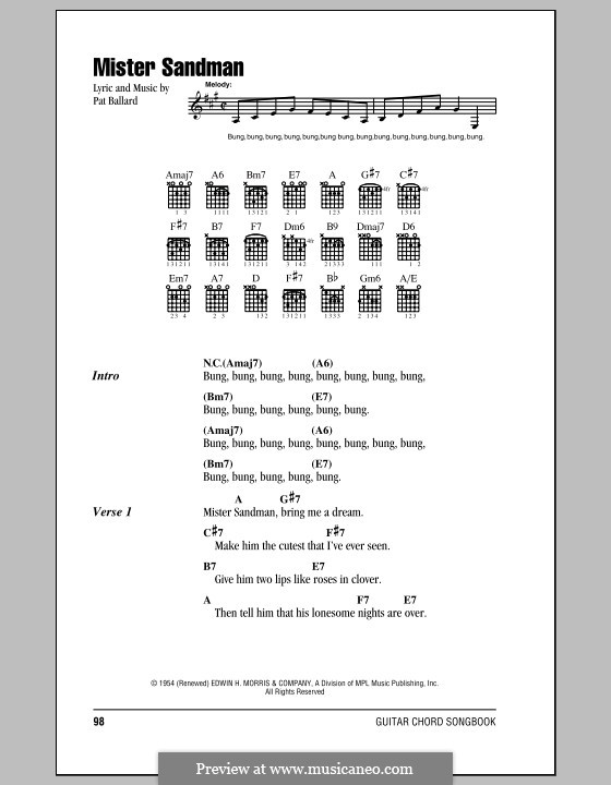 Mister Sandman (The Chordettes): Lyrics and chords by Pat Ballard