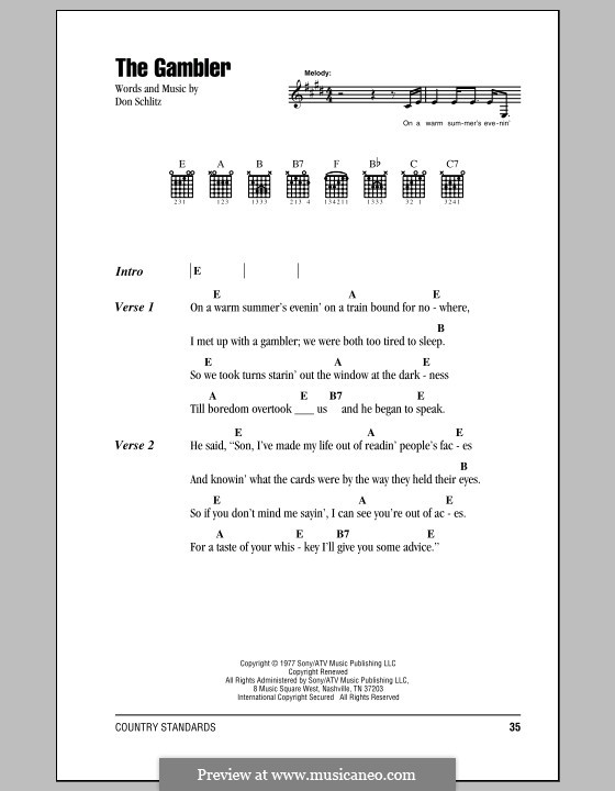 The Gambler (Kenny Rogers): Lyrics and chords by Don Schlitz