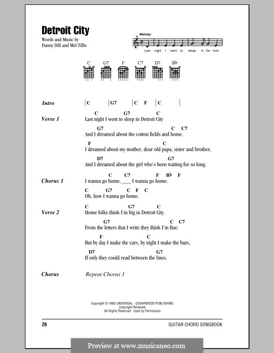 Detroit City (Bobby Bare): Lyrics and chords by Danny Dill, Mel Tillis