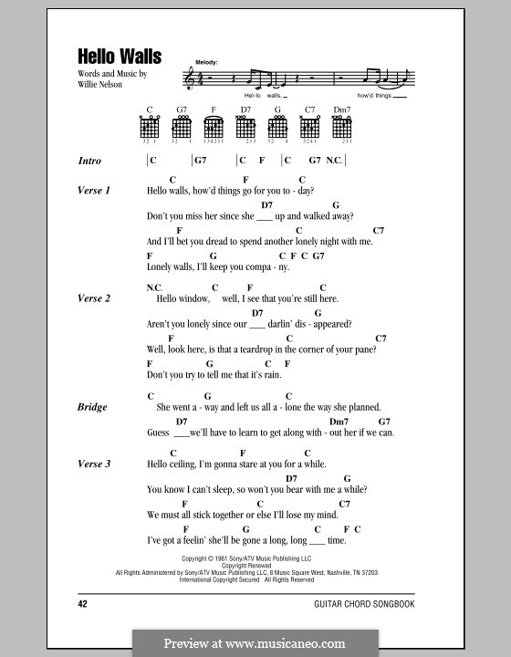Hello Walls (Faron Young) by W. Nelson sheet music on MusicaNeo