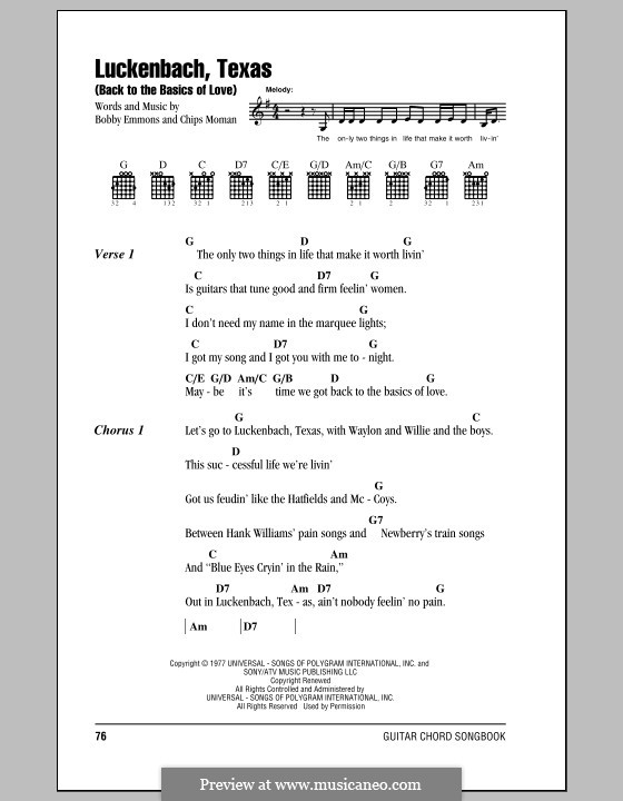 Luckenbach, Texas (Back to the Basics of Love): Lyrics and chords by Bobby Emmons, Chips Moman