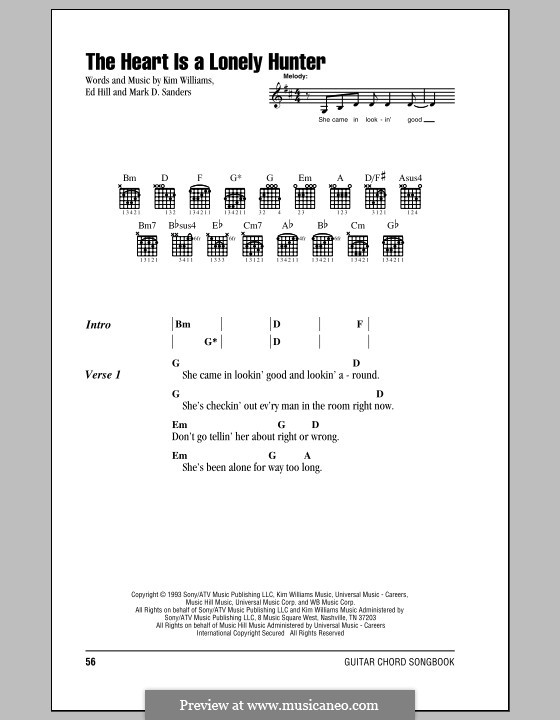 The Heart Is a Lonely Hunter (Reba McEntire): Lyrics and chords by Edward Burlingame Hill, Kim Williams, Mark D. Sanders