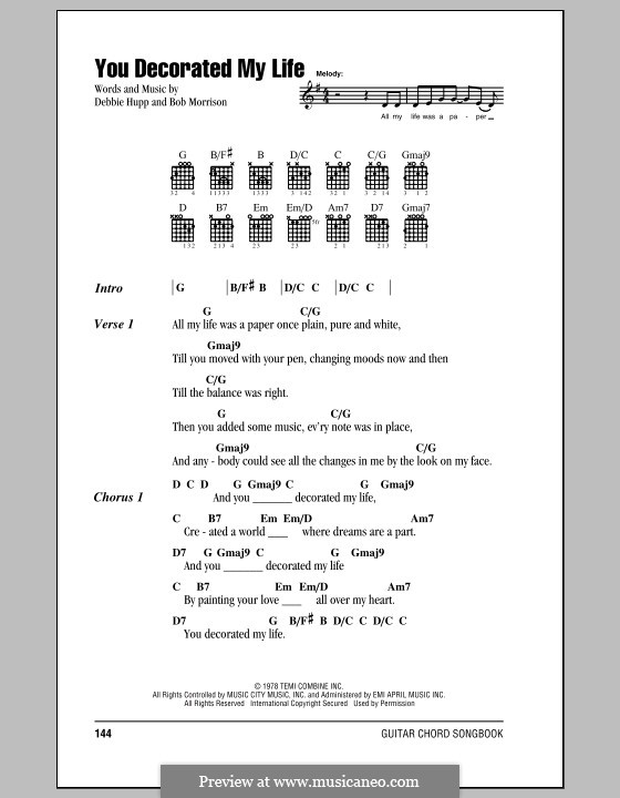 You Decorated My Life (Kenny Rogers): Lyrics and chords by Bob Morrison, Debbie Hupp